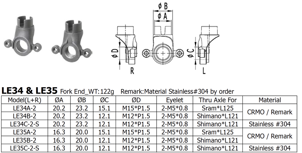 Long Shen Fork Dropout Set, NO EYELET Thru-Axle (LE35C-S)