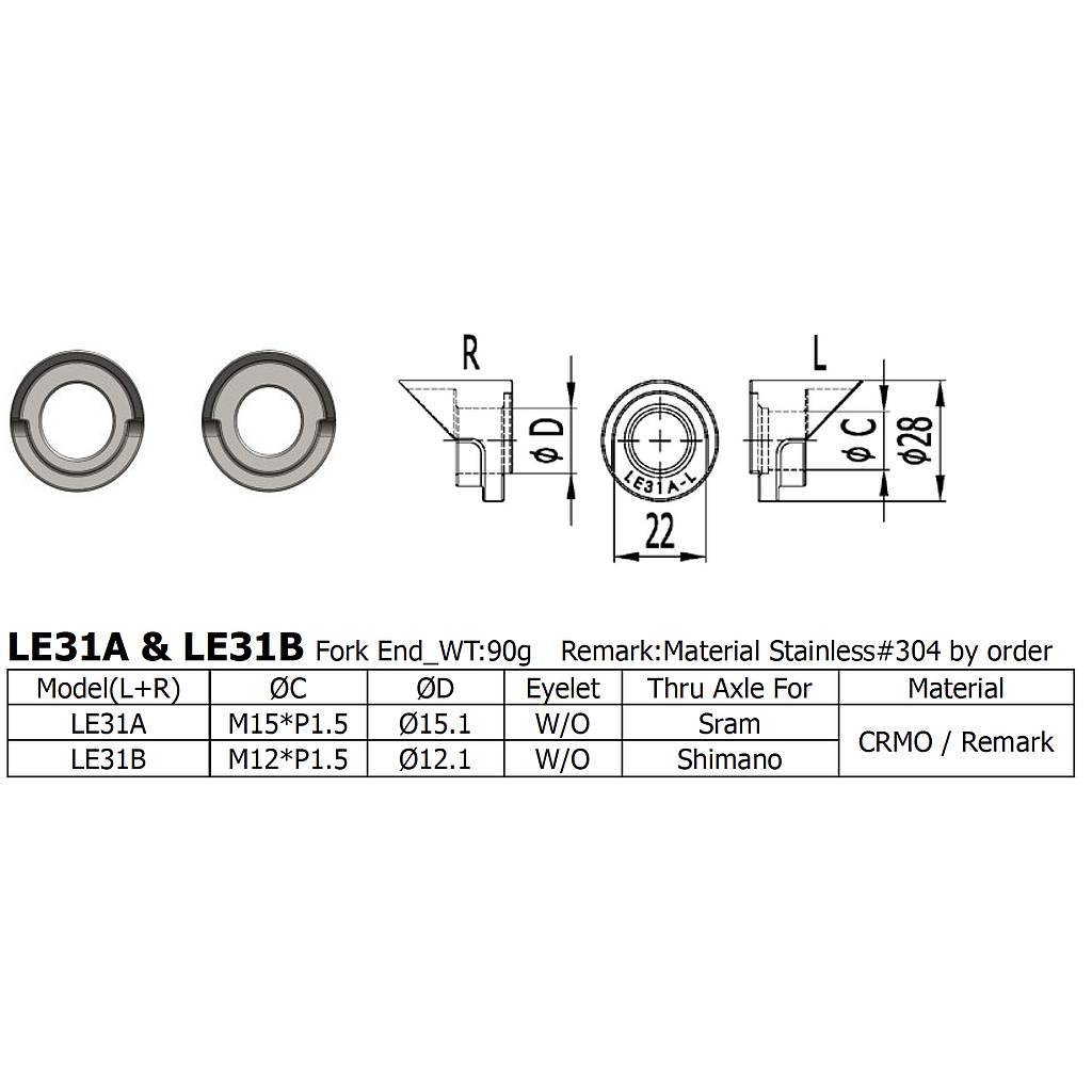 Long Shen Fork End Set, Thru-Axle (LE31B)