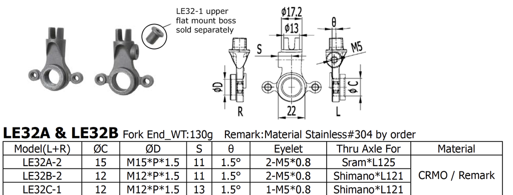 Long Shen Fork End Set, 12mm Thru-Axle (LE32C-2) (not drilled/tapped for brake)