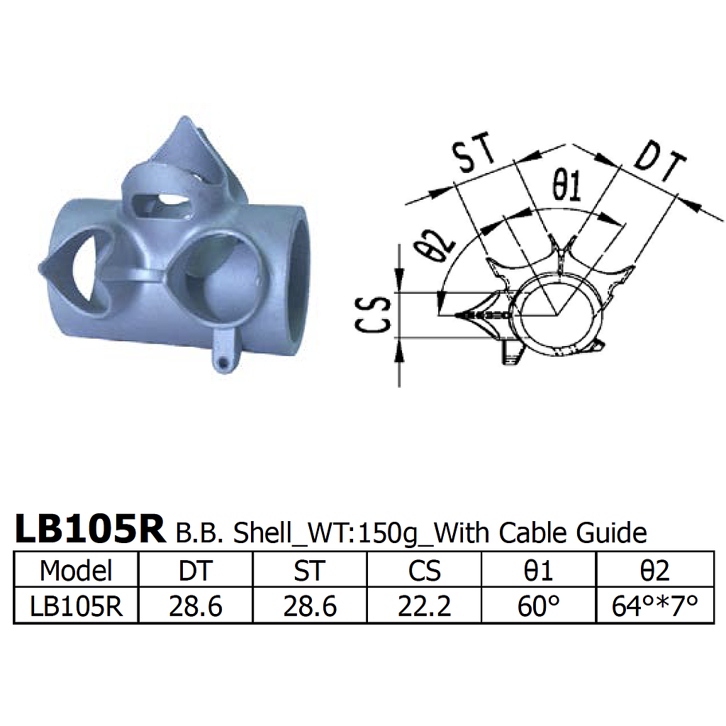 Long Shen 105 Series BB Shell, 28.6 x 28.6mm (LB105R)