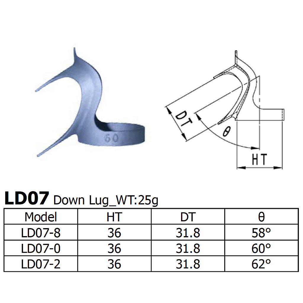 Long Shen CrMo Down Lug, 1-1/8" x 31.8mm , 60° (LD07-0)