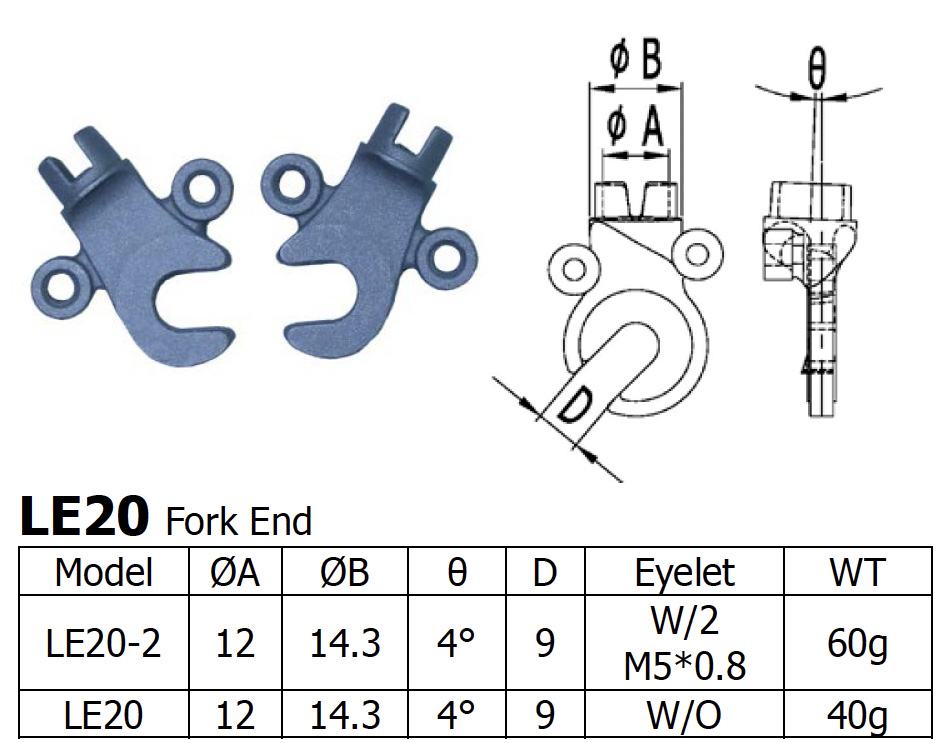 Long Shen Fork End Set, With Tab, TWO Eyelet, Stainless (LE20-2-S)