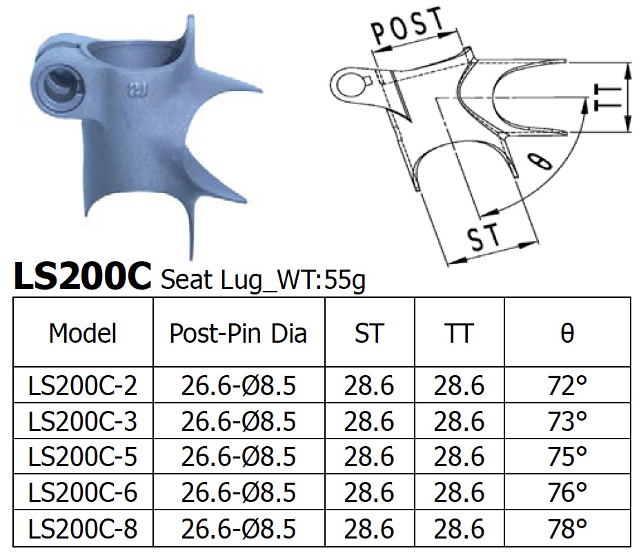 Long Shen Stainless Seat Lug, 28.6 x 28.6, 73 degrees (LS200C-3-S)