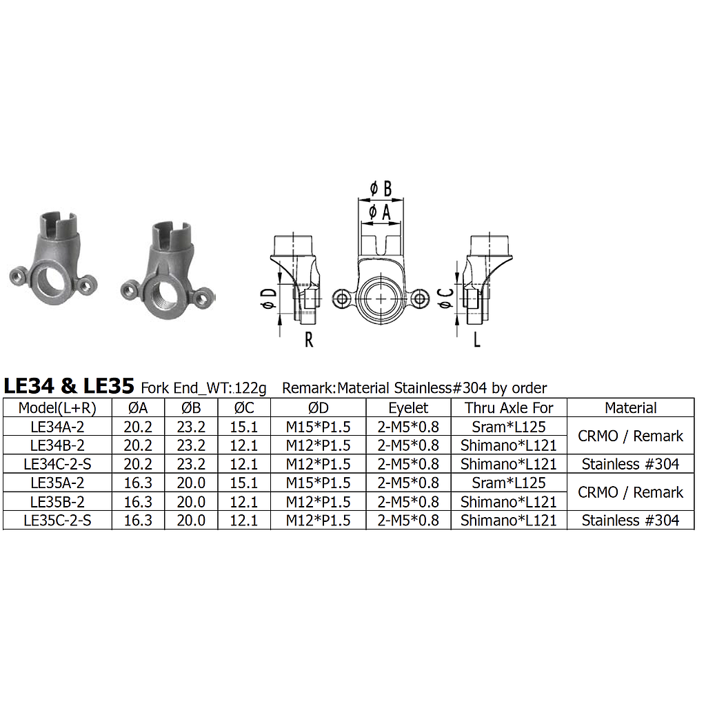 Long Shen Fork End Set No Eyelets (LE34A)