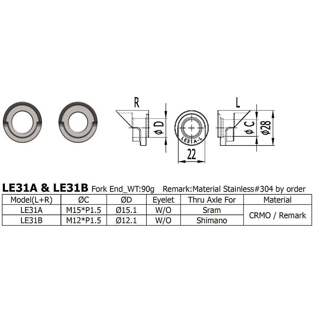[LS-LE-31-B] Long Shen Fork End Set, thru-Axle (L/R Set) (LE31B)