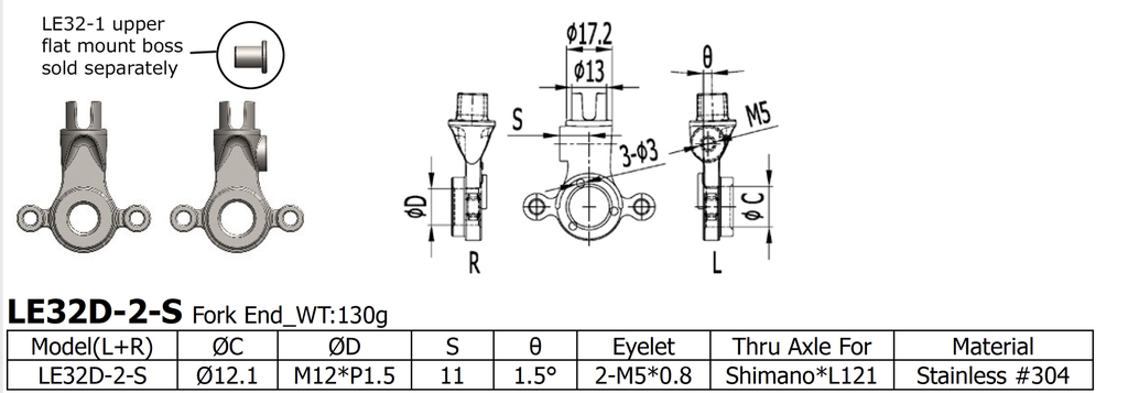 [LS-LE-32-D-2-S] Long Shen Fork End Set, Thru-Axle (LE32D-2-S)(Dynamo Wire Routing)