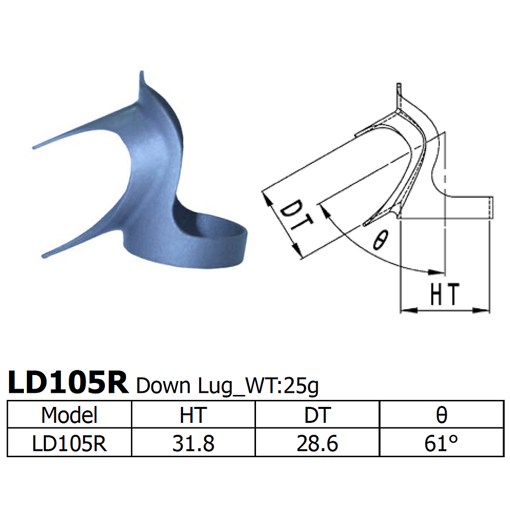 [LS-LD-105-R] Long Shen 105 Series Down Lug, 1" x 28.6mm  (LD105R)