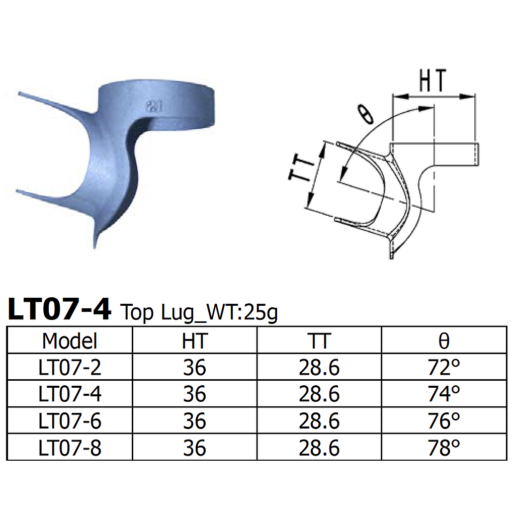 [LS-LT-07-4] Long Shen CrMo Top Lug, 1-1/8&quot; x 28.6mm, 74° (LT07-4)